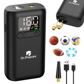 Dr.Prepare Portable Air Pump, Fast Inflation w/Pressure Display, 16PSI, Auto-Off, LED Light, for Sports Balls, Swim Ring, DP Camping Shower Bag, with 2 Inflation Needles, 1 Adapter & 1 Charging Cable