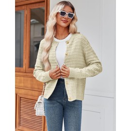 Zeagoo Women's 2025 Knit Cardigan Sweaters Crew Neck Button Down Open Front Long Sleeve Trendy Cropped Jackets Beige