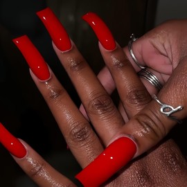 Curved Nail Tips Long Press on Nails with Designs Square Fake Nails Curve False Nails Cherry Red Acrylic Nails Glossy Artificial Glue on Nail for Women 20Pcs