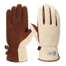 Harssidanzar Sherpa Gloves Women's Outdoor Winter for Genuine Suede Gloves Thinsulate Lined SL021US, Beige/Lightbrown, Size M