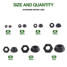 Keadic 185 Pieces Metric Black Zinc Plated Nylon Insert Lock Nuts Assortment Kit for Matching Screws or Bolts - Sizes Include：M3 M4 M5 M6 M8 M10 M12