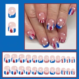 24 Pcs Independence Day Press on Nails Short Square French Tip Fake Nails with Star Design 4th of July False Nails Red Blue Glossy Artificial Nails Patriotic Star Full Cover Acrylic Nails for Women