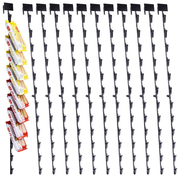 Oleitodh 12Pcs Merchandising Hanging Strips with Hooks, Chip Rack Display Stand with Label Header and 12 Clips, Potato Chip Rack for Party, Concession and Store Retail Display, Black