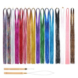 TECKI 16 Pieces Coloured Hair Extensions - 90 cm Hair Extensions, Hair Tinsel Synthetic Hair, Colours Glitter Strands for Hair