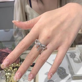 OIDIMS CZ Bow Rings for Women Sparkling Cubic Zirconia Ribbon Ring Dainty Bow Tied Friendship Knot Elegant Wedding Band Open Adjustable Promise Ring Trendy Eternity Jewelry for Her