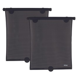 Nuby 14" Roller Vehicle Side Window Sun Protection Shade for Baby | 2 Pack | Pull Down with Suction Cups and Press Button Roll Up | Black