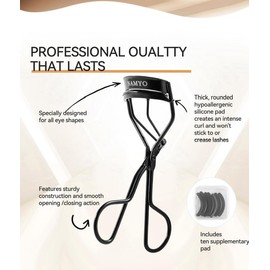 Namyo Beauty Eyelash Curler Black – Includes 10 Silicone Refill Pads, Travel Friendly Pouch & Satin Storage Bag | No Pinch, Natural Curl for All Eye Shapes