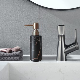 Gold Soap Dispenser for Bathroom or Kitchen, Skinny Ceramic Lotion Bottle with Marble Pattern, Rust-Free Pump(Black)