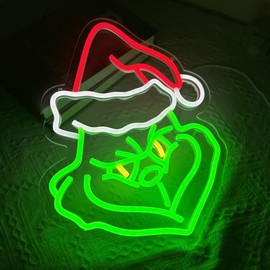 PILOYINDE Merry Christmas Neon Sign Christmas Hat LED Sign Green Red Anime Neon Sign for Christmas Party Children's Room