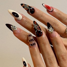 Press on Almond Nails Short Length Glossy Full Cover Acrylic Almond Shaped False Nails with Designs Artificial Almond Fake Nails with Charms Glue Stick on Fingernails for Women Girls(XL10289)