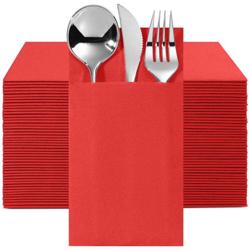 100-Pack Disposable Napkins With Pocket For Flatware, Red Napkins Paper