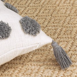 PLWORLD Boho Gray Throw Pillow Cover 18x18 Inch with Tassels, Grey Pom Pom Tufted Decorative Cream Chenille Fabric Accent Textured Cushion Case for Bed Couch, 1 PC Cover Only No Insert