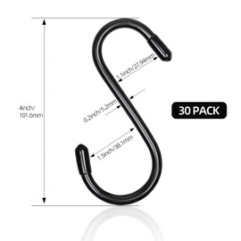 Tingheng Vinyl Coated S Hooks for Hanging 4 Inch Black 30 Pack,Coat Hooks Non Slip Heavy Duty Hook for Closet, Garage & Kitchen Organization Large S Shaped Hooks for Hanging Plants