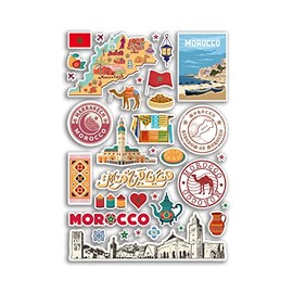 A4 Sticker Sheet Morocco Landmarks Vinyl Stickers - Moroccan City Map Airport Stamp Skyline Flag Travel Holiday Culture Aesthetic #79986