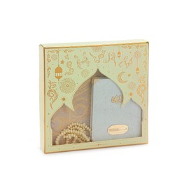 ihvan online Prayer Gift Set for Men & Women, Muslim Taffeta Prayer Rug, Salah Mat, Beads Rosary, Velvet Covered Yaseen Islamic Gift Set for Ramadan & Eid, Beige