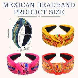 Hoteam 4 Pcs Mexican Headband For Women Embroidery Flower Stripe Knotted Wide Headband for Girls Party Gifts Outfit Cinco de Mayo, Day of the Dead, Mexican Independence Day(Stripe)