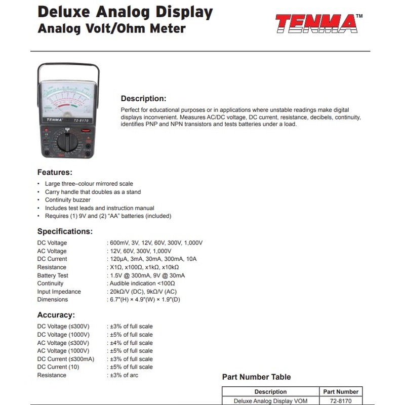 TENMA 72-8170 MULTIMETER, Analog, 6 Functions