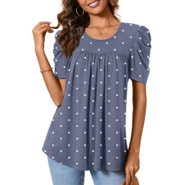 Anydeer Women Tunic Top Summer Short Puff Sleeve Chest Pleated Tshirts Casual Round Neck Blouse Loose Tee, 3XL, Crew Short Dotted Navy Blue