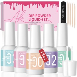 Aokitec 5*15ml Dip Powder Liquid Set, 13PCS Nail Dip Liquid Kit with Bond Dip Base Activator Glossy Top Coat Brush Saver for Dip Nail Art Equip with Basic Nail Tools for Salon Home DIY French Manicure