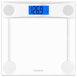 Homebuds Digital Bathroom Scale for Body Weight, Weight Scale Professional Factory Since 2001, Blue Backlit LCD and Step-On, 2*AAA Batteries Included, 400lb in 0.1lb, Clear Glass