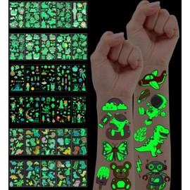 More than 300 patterns (30 photos) of children's luminous tattoos, mixed style temporary tattoo stickers, including dinosaur/space/animal patterns, suitable for boys and girls, luminous party supplies