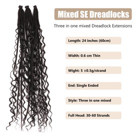 24 Inch Synthetic Dreadlock Extensions Hippie Single Ended Dreads 0.6 cm Width Loc Extensions Reggae Style Crochet Hair for Women (1B#, 3 Styles Mixed 24 Inch(30 Strands))