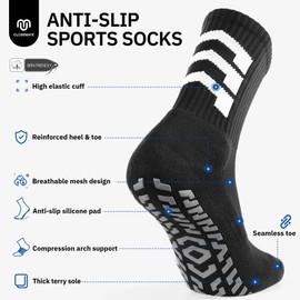 CLOSEMATE Mens Athletic Grip Socks Cushioned Anti Slip for Soccer Football Yoga 3 Pairs(3Black, Size L)