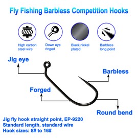 Eupheng 100pcs Plus Best Barbless Competition Fly Fishing Hook Collection, Dry Nymph Strimp&Pupa, Pupa& jig Fly Hooks High Carbon Competition Hook (Jig Fly Hook Straight Point EP-9220, 8#)