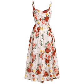 OBEEII Womens Summer Dress Boho Floral Corset Dress Spaghetti Straps Bustier Midi Dress Tiered Flowy Pocket Sundress Dress with Chest Pads Tea Party Wedding Guest Dress Red Floral M