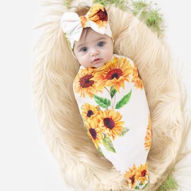 Galabloomer Newborn Sunflower Receiving Blanket Headband Set Baby Flower Rose Swaddle with Big Bow