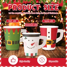 Maxcheck 150 Pcs Christmas Paper Cups 9oz Disposable Christmas with Handles Santa Snowman Elf Tea Coffee Cups Hot Chocolate Bar Accessories for Adults Holiday Xmas Party Supplies