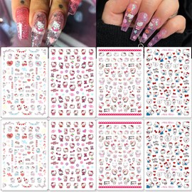 8 Sheets Cute Nail Stickers Cartoon Nail Decals 3D Self Adhesive Design Nail Supplies Cute Designer Nail Stickers for Women Girls DIY Manicure Tips Kawaii Nail Art Stickers