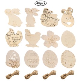 Niaciswe Wooden Pendants 48 Pieces Craft Set Easter Eggs Wooden Easter for Hanging Wooden Craft Wooden Pendant Wooden Slices Wooden Eggs Easter Bunny Wooden Eggs Wooden Discs for Easter Party DIY