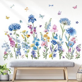 wondever Blue Spring Garden Flower Wall Stickers Wildflower Grass Floral Butterfly Peel and Stick Wall Art Decals for Living Room Bedroom TV Wall