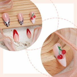 BABALAL Press on Nails Almond Medium Fake Nails White French Tip Glue on Nails 3D Texture Red Cherry Acrylic Nails 24Pcs Stiletto Stick on False Nails