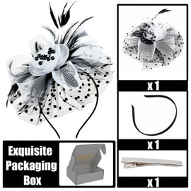 LdevotionR Elegant Fascinator Hats for Women - Stylish Mesh and Feather Designs, Perfect for Tea Parties and Derby Events(Black & White)