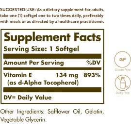 Vitamina E, de origen natural, 134 mg, 200 UI, 100 cápsulas blandas, sabor Solgar, sin sabor