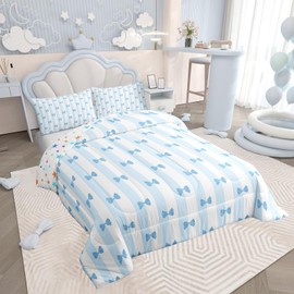Feelyou Kids Girls Blue Bow Comforter Set,Blue and White Stripe Bow Bedding Set Full Size for Boys Girls,Kawaii Bowknot Comforter,Cute Soft Bed Set