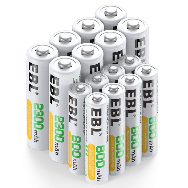 EBL 16 Sets AA AAA Batteries Combo with 8PCS AA 2300mAh & 8-Pack AAA 800mAh Rechargeable Batteries