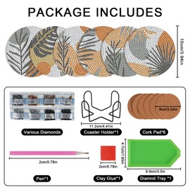 Trendecor Pack of 6 Diamond Painting Coasters, DIY Green Leaves Coasters, Diamond Painting with Holder, Decorative Acrylic Coasters with Diamond Painting Kit for Adults, Beginners, Children