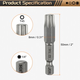 sourcing map 5pcs T45 Torx Head Screwdriver Bit 1/4" Hex Shank 2" (50mm) Long Magnetic No Hole Tip Tamper Proof 6 Point Star Screw Driver Drill Bits S2 Steel Industrial Power Screwdrivers