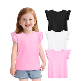 Witwot 3 Pack Toddler Girl Shirts Cotton Baby Girls Ruffle Sleeve Tee Cute Blouse Tops White/Pink/Black 4T