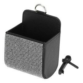 HOPESPANNER Universal 3.5" Length 2.4" Width 4.7" Height Car Trash Can Hanging Trash Bin Faux Leather Rhinestones 1 Pcs Black White