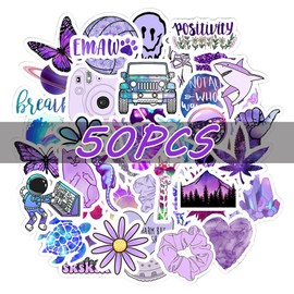 Aesthetic Vibes Purple Stickers,50pcs Vinyl Aesthetic Reading Stickers Boho & Indie Decals for Creatives Cartoon Waterproof Reusable Stickers for Kindle, Scrapbook, Water Bottles, Laptops