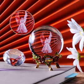 60MM K9 Crystal 3D Guardian Angel Figurines Ball with Rose Metal Stand Home Glass Angel Wings Ornament, Memorial Gift for Women