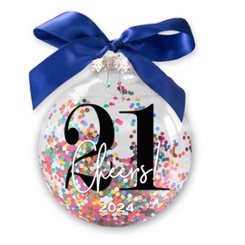 21st Birthday Christmas Ornament, Cheers to Twenty-one Years, Multi-Colored Glitter Confetti Inside, Milestone Keepsake Decoration, Fun Gift for Young Adults Turning 21