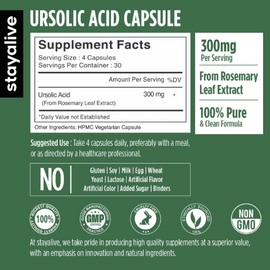 STAY ALIVE Ursolic Acid Supplement for Men & Women 300mg, 120 Pills, Rosemary Leaf Extract Powder, Non-GMO and Gluten-Free Pure Ursolic Acid Capsules