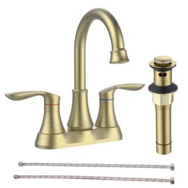 Bathroom Faucet Accessories 4 Inch Vani Brushed Gold 360 Degree High Arc Swivel Spout 2 Handle Pop Drain Supply Hoses CentersetColor: as picture Color