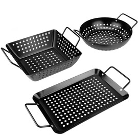 Qetumst Small Non-Stick 3 Piece Grill Basket Set – BBQ Grilling Basket for Vegetables, Seafood & Meat – Heavy Duty Perforated Grill Pan for Charcoal, Gas and Outdoor Grills, Easy to Clean Grilling Accessories