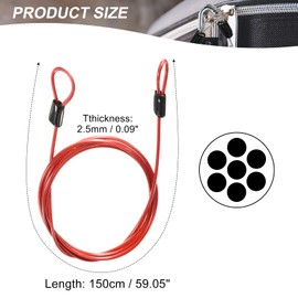 MECCANIXITY Security Steel Cable Lock, Safety Cable Flexible Wire Rope Luggage Lock 5feet 2.5mm Vinyl Coated Braided Steel with Double Loop for Bike Bicycle U-Lock Padlock Red